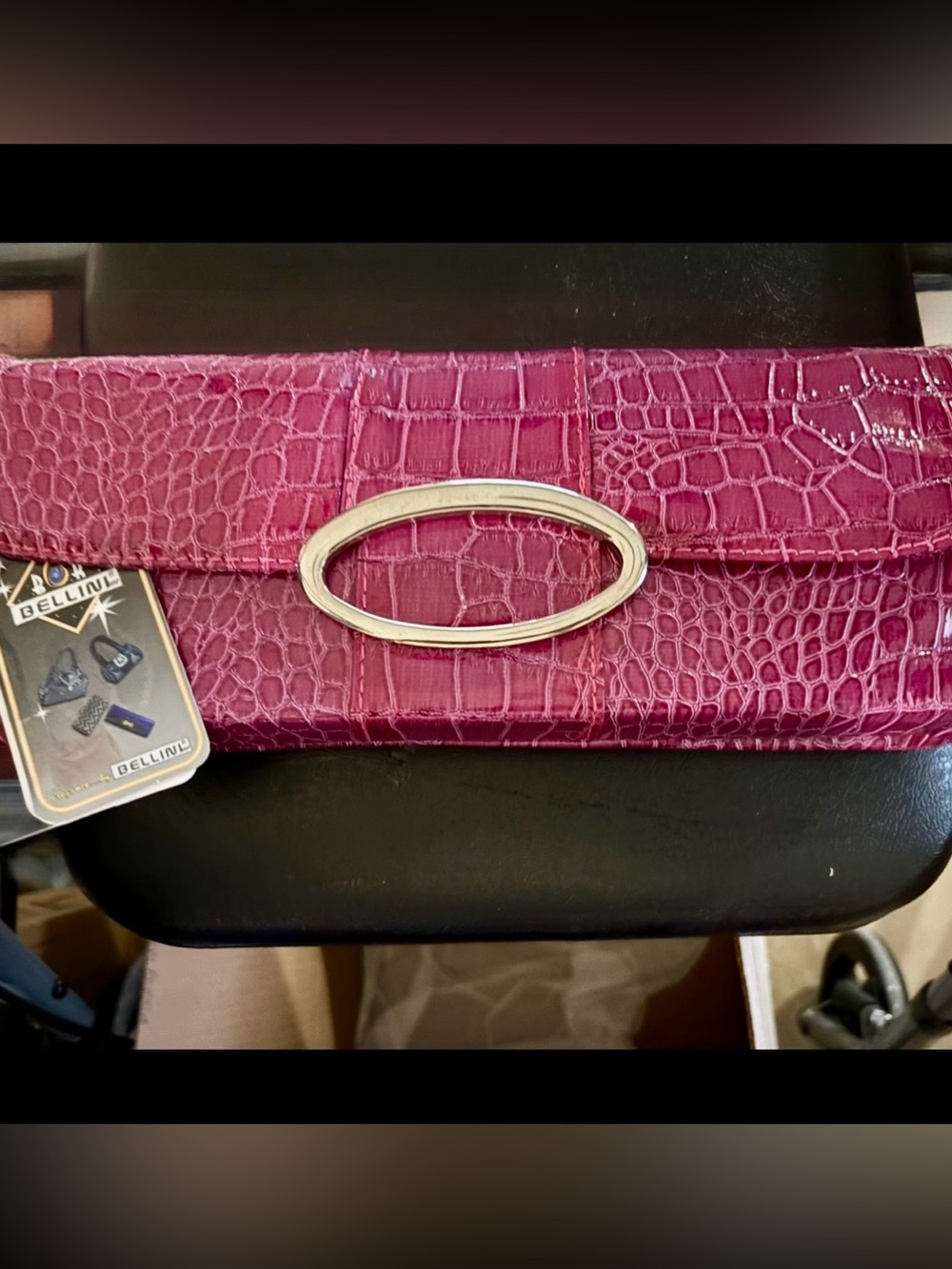 Bellini Magenta Croc-Embossed Clutch with Silver Oval Hardware